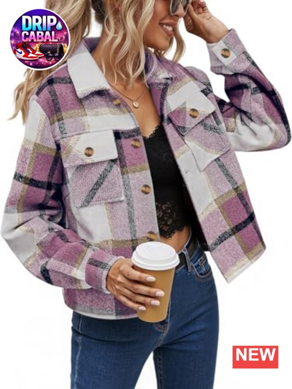 Women's Cropped Plaid Shacket Jacket Long Sleeve Button Down Shirt